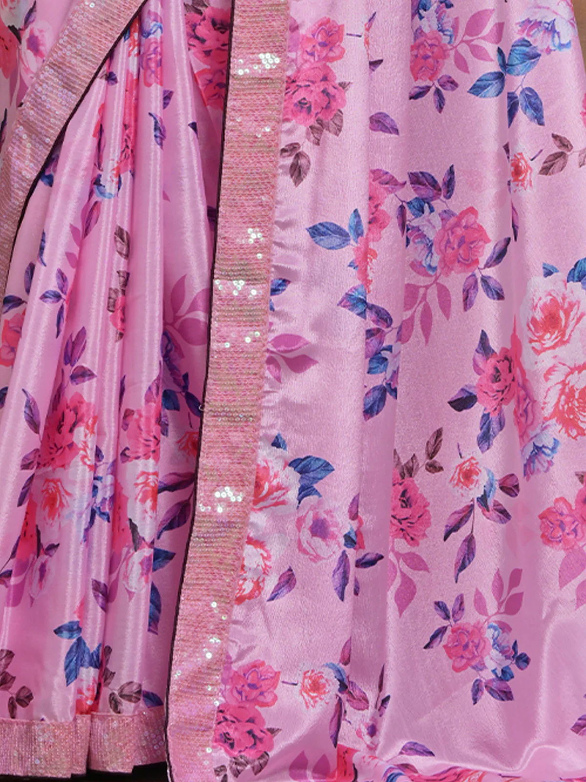 Odette Pink Printed Chiffon Saree With Unstitched Blouse For Women - Image 7