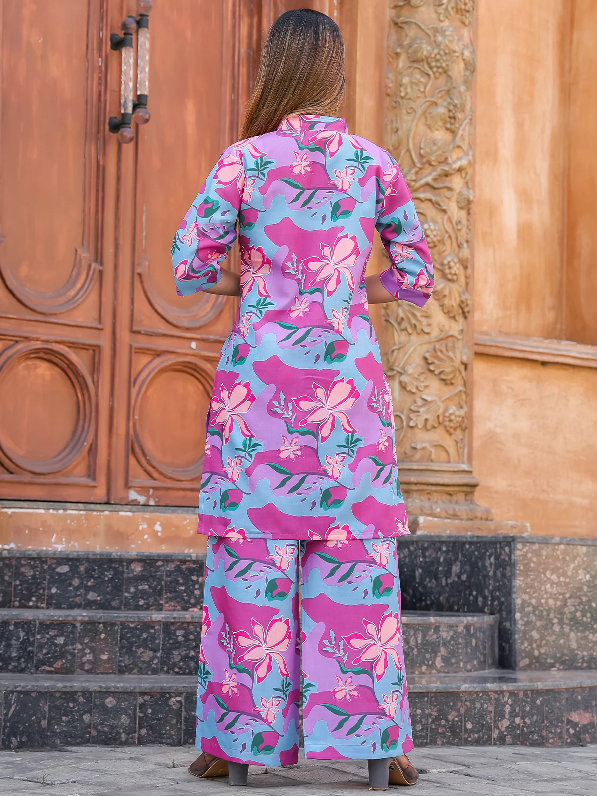 Odette Pink and Purple Cotton Printed Co Ord Set for Women - Image 3