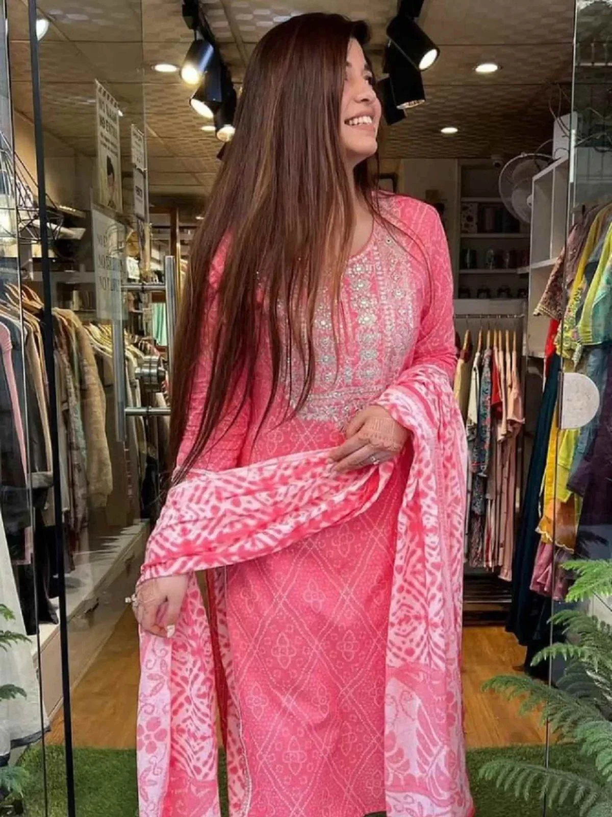 Odette Pink Printed Cotton Stitched Kurta Set For Women - Image 2