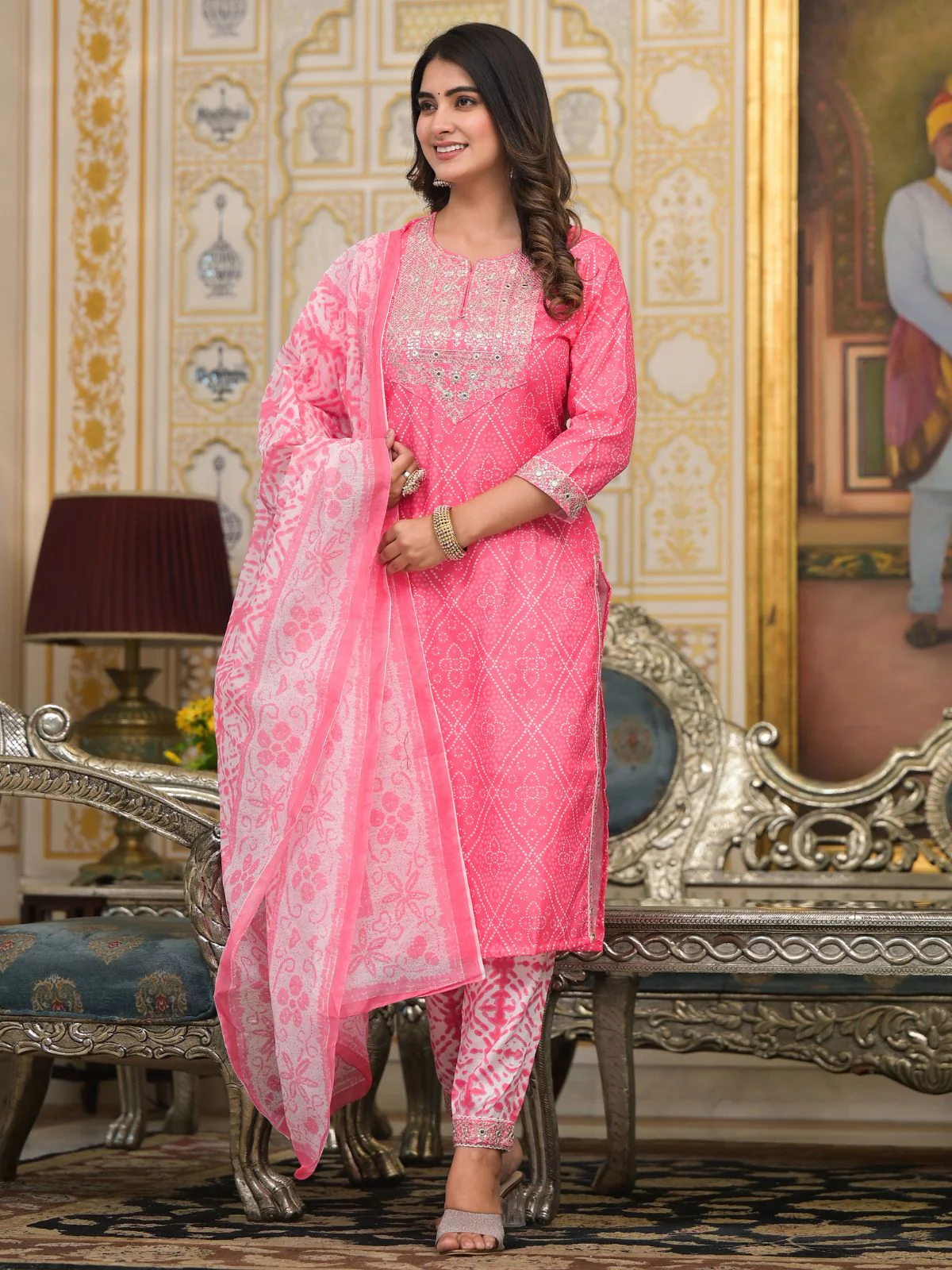 Odette Pink Printed Cotton Stitched Kurta Set For Women - Image 2