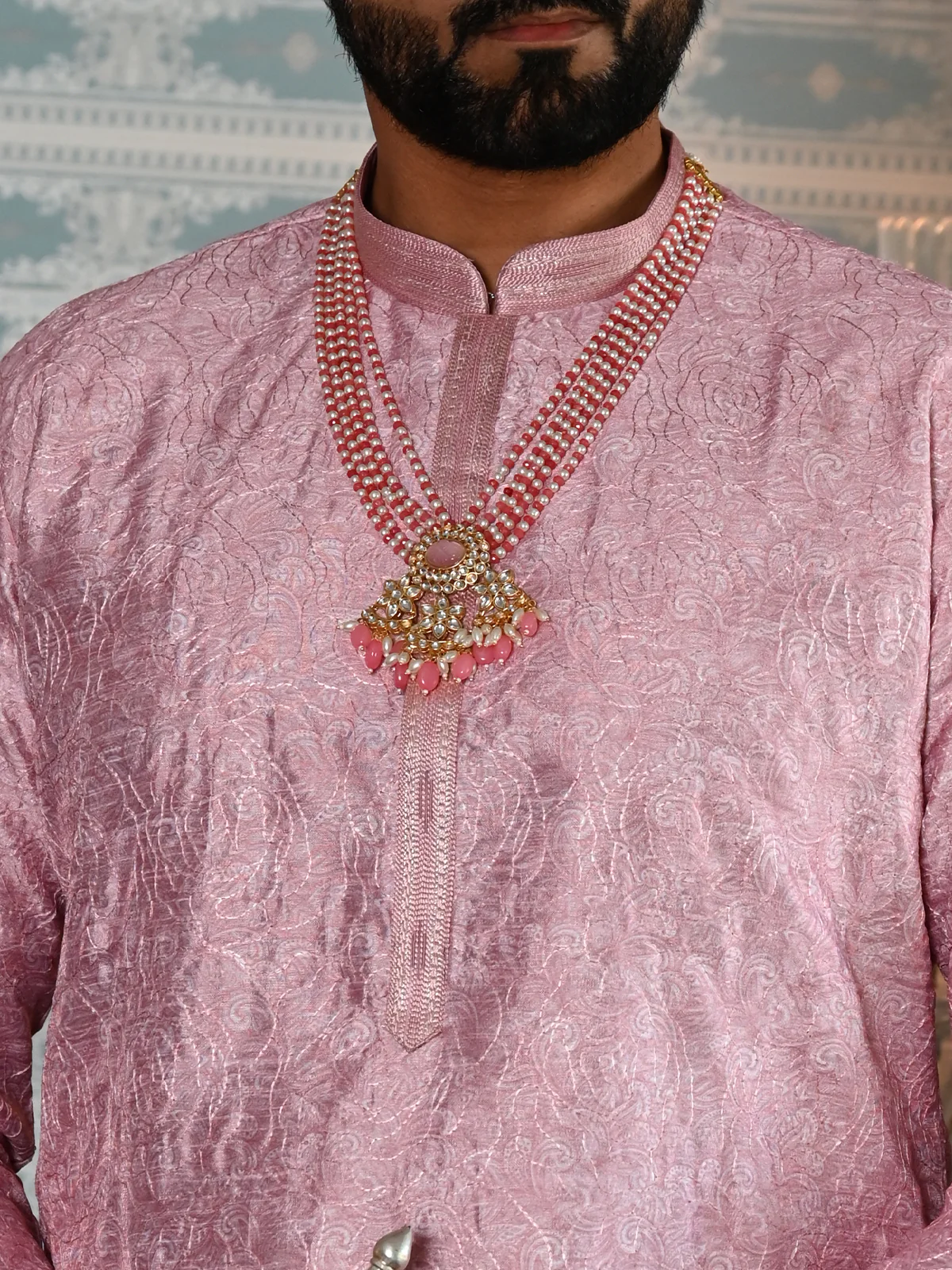 Odette Pink Printed Embroidered Cotton Kurta Set For Men - Image 5