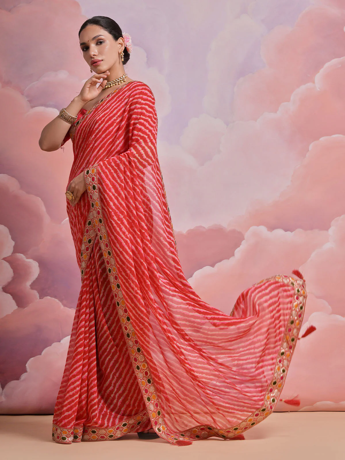 Odette Pink Printed Georgette Saree With Unstitched Blouse For Women - Image 2
