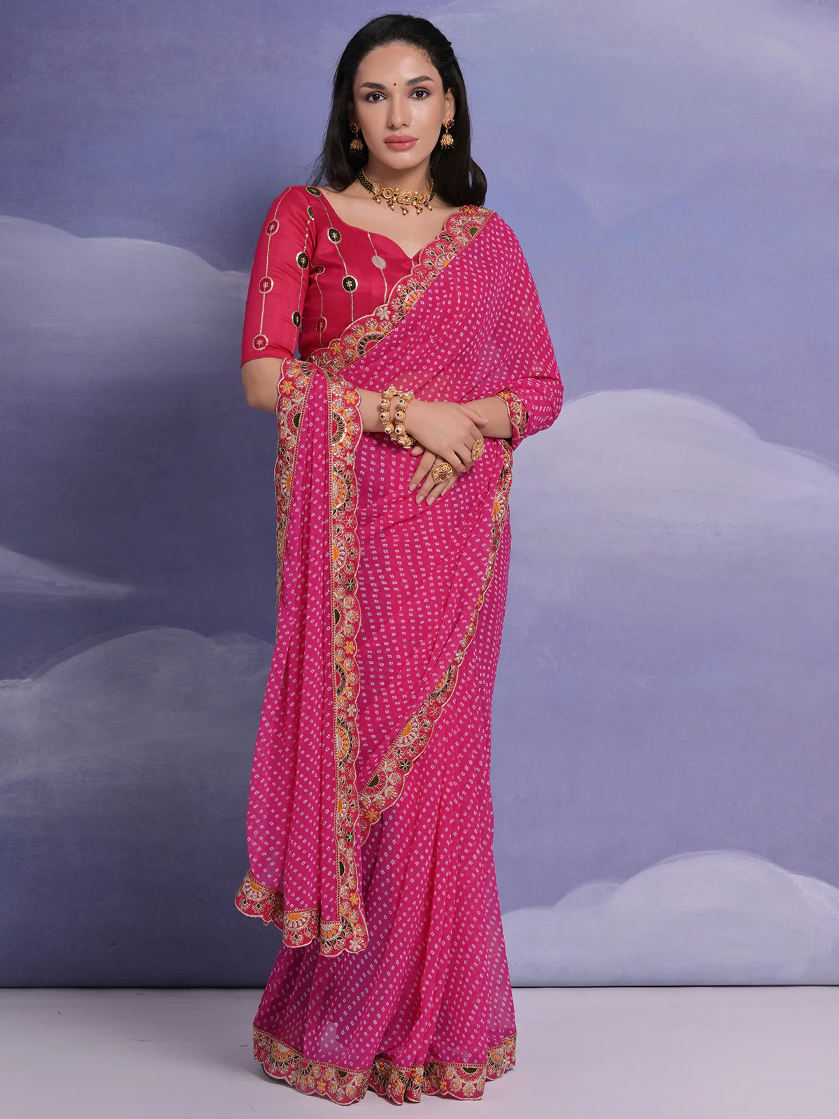 Odette Pink Printed Georgette Saree With Unstitched Blouse For Women - Image 3