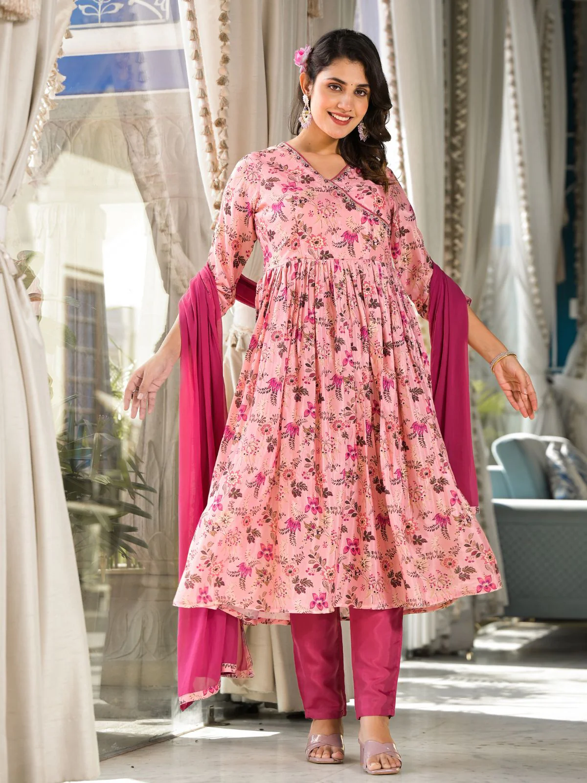 Odette Pink Printed Silk Blend Stitched Kurta Set For Women - Image 3