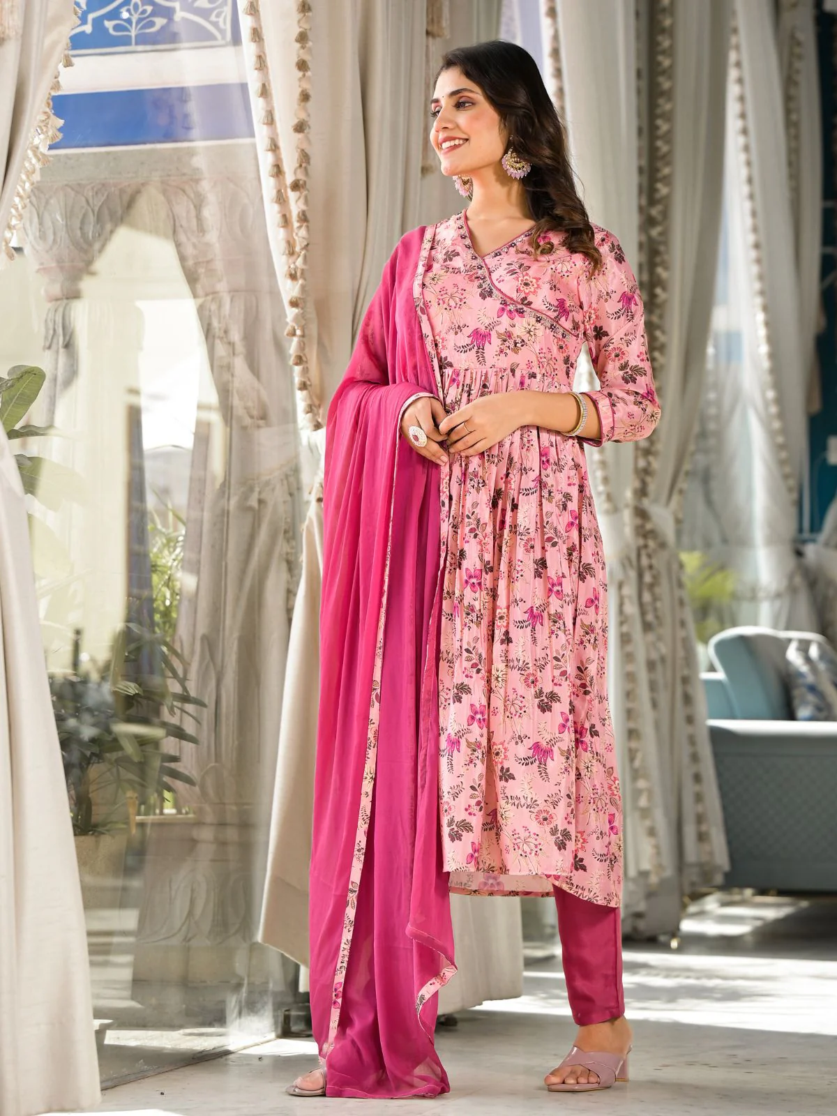 Odette Pink Printed Silk Blend Stitched Kurta Set For Women - Image 4