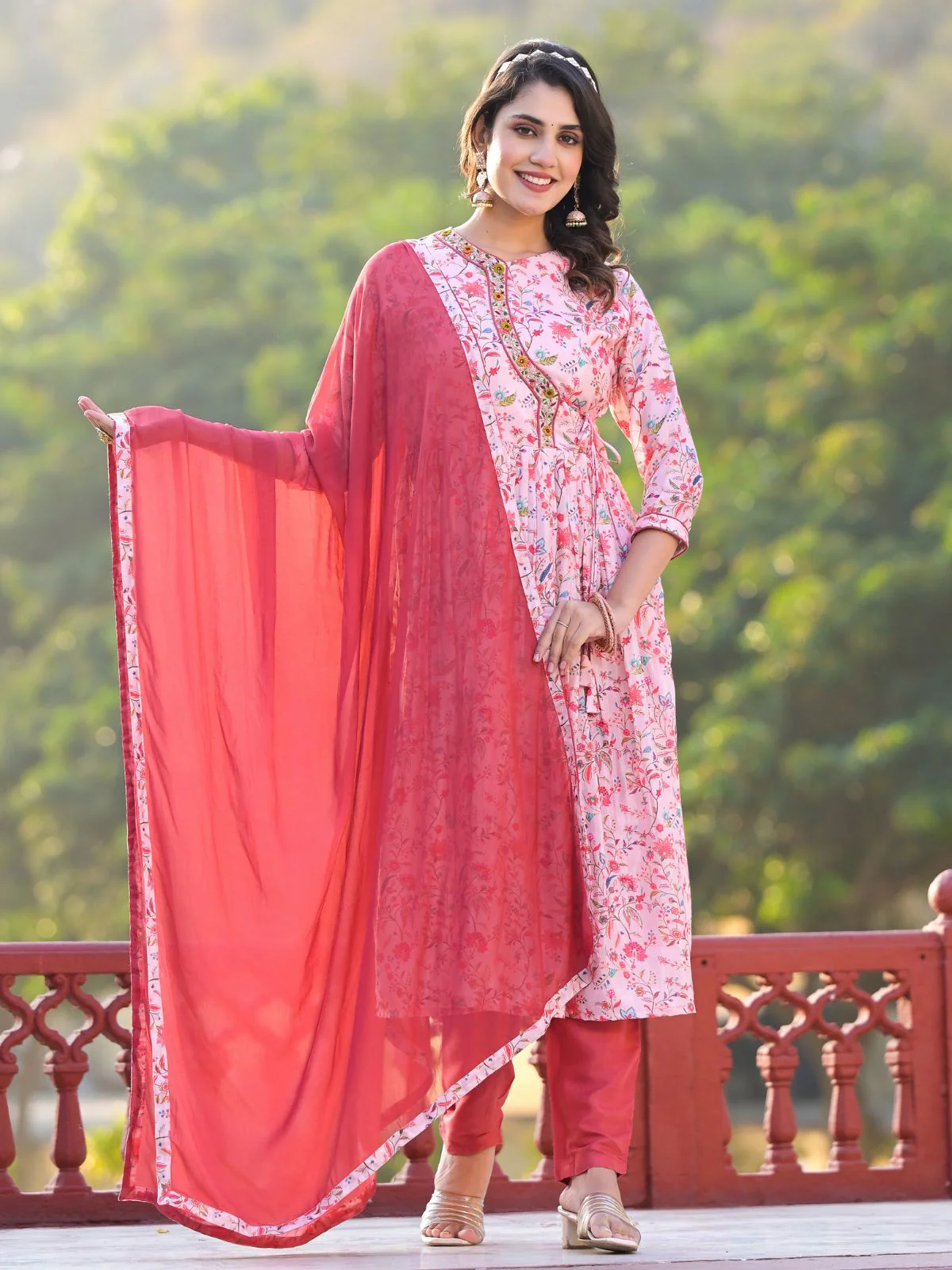 Odette Pink Printed Silk Blend Stitched Kurta Set For Women - Image 3