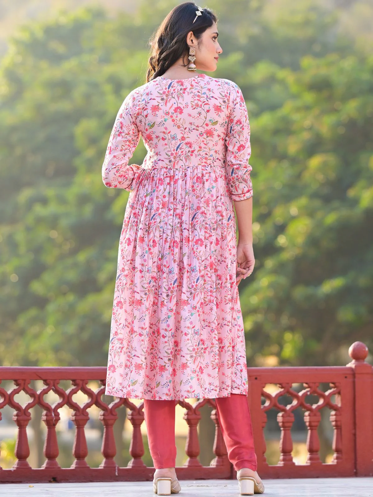 Odette Pink Printed Silk Blend Stitched Kurta Set For Women - Image 5