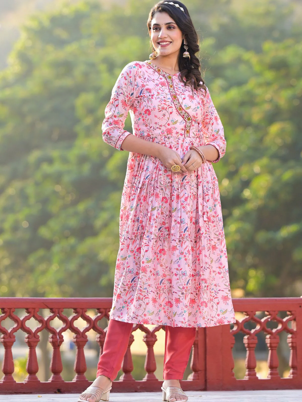 Odette Pink Printed Silk Blend Stitched Kurta Set For Women - Image 6