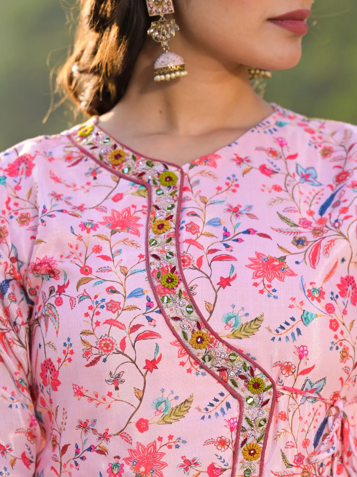 Odette Pink Printed Silk Blend Stitched Kurta Set For Women - Image 9