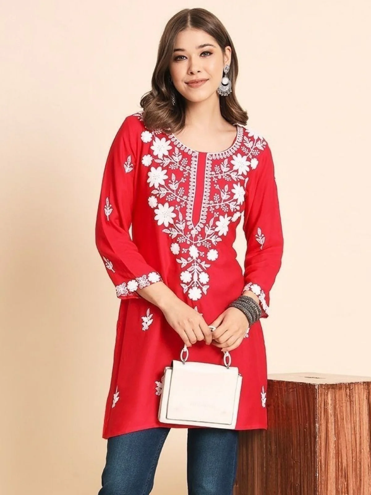 Odette Pink Rayon Embroidered Kurti For Women - Image 2