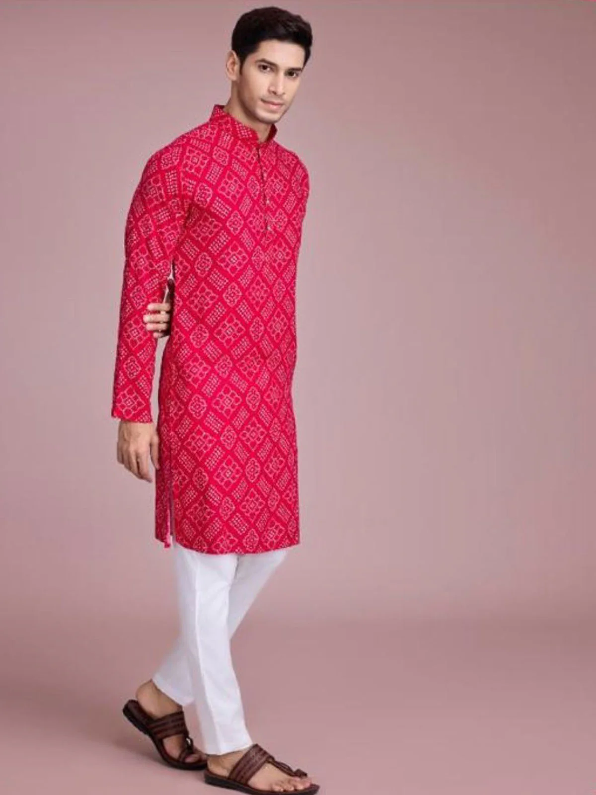 Odette Pink Rayon Printed Stitched Kurta For Men - Image 2