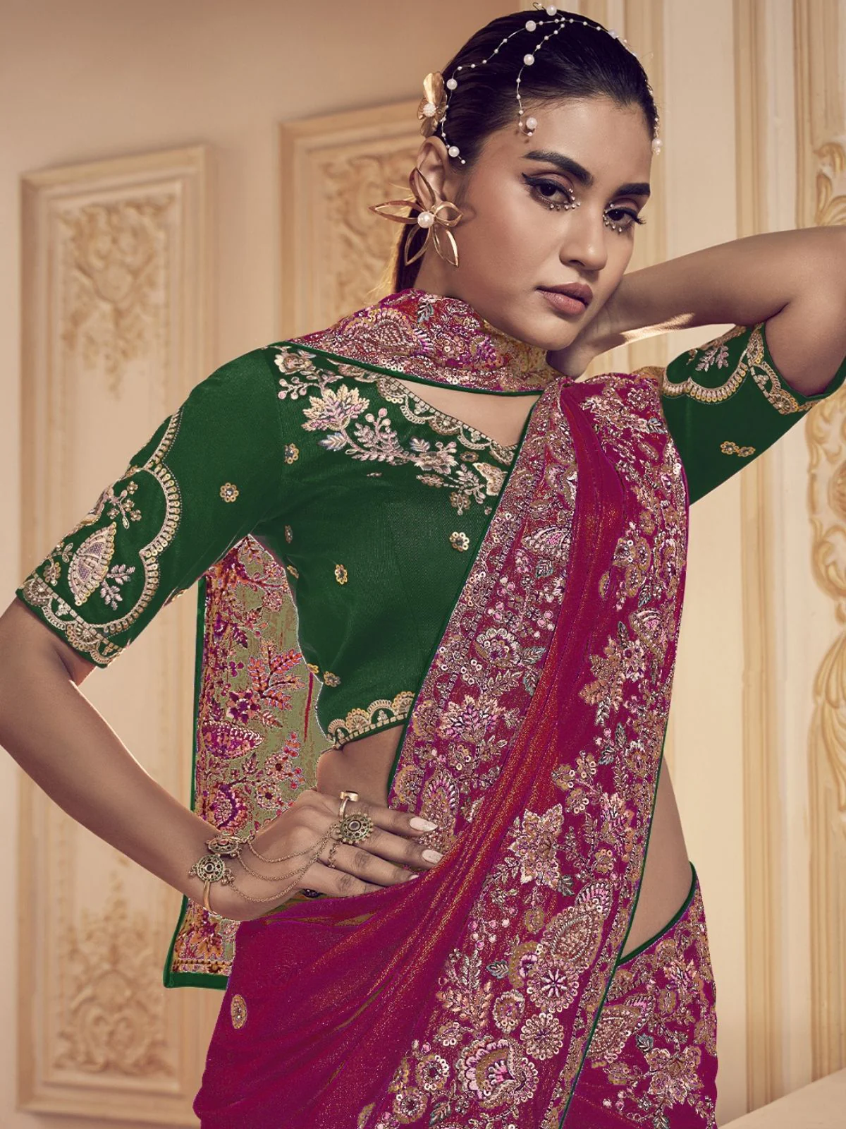 Odette Pink Satin Embroidered Elegant Saree For Women - Image 2