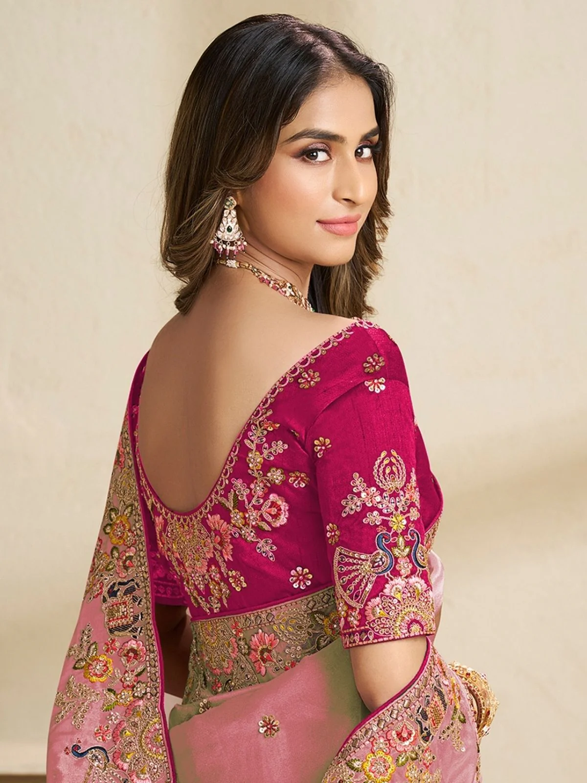 Odette Pink Satin Embroidered Saree For Women - Image 2