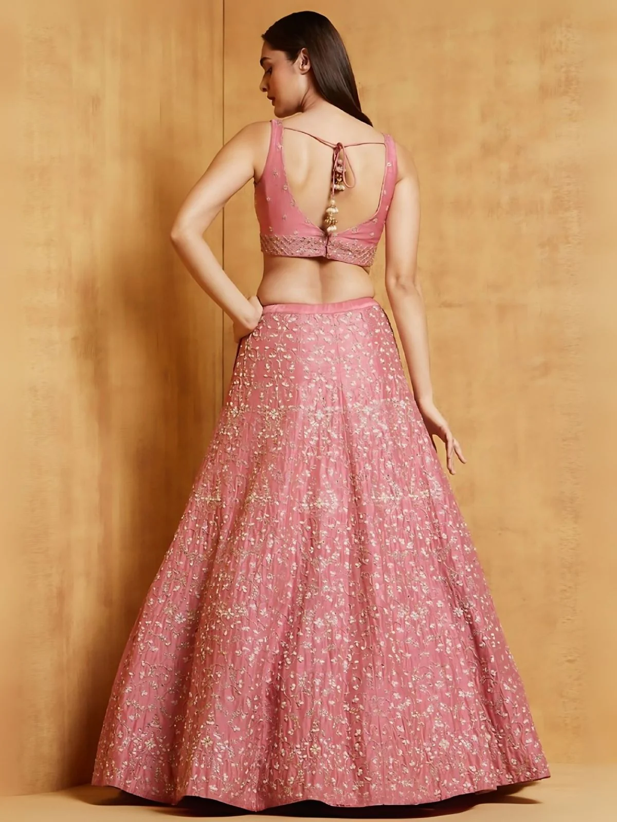 Odette Pink Satin Embroidered Semi-Stitched Lehenga For Women - Image 2