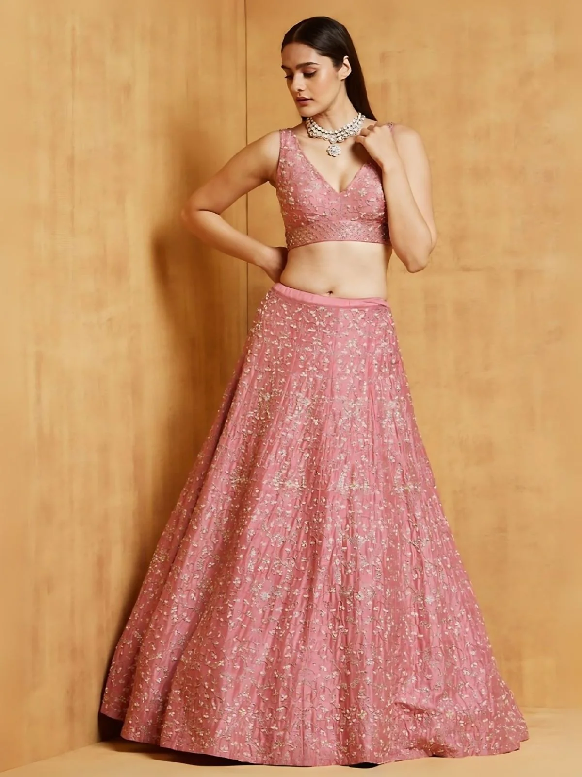 Odette Pink Satin Embroidered Semi-Stitched Lehenga For Women - Image 5
