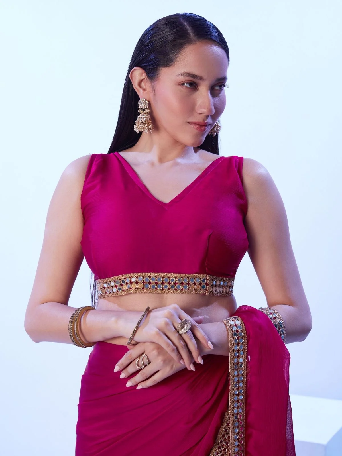 Odette Pink Satin Lace Work Saree With Unstitched Blouse For Women - Image 4