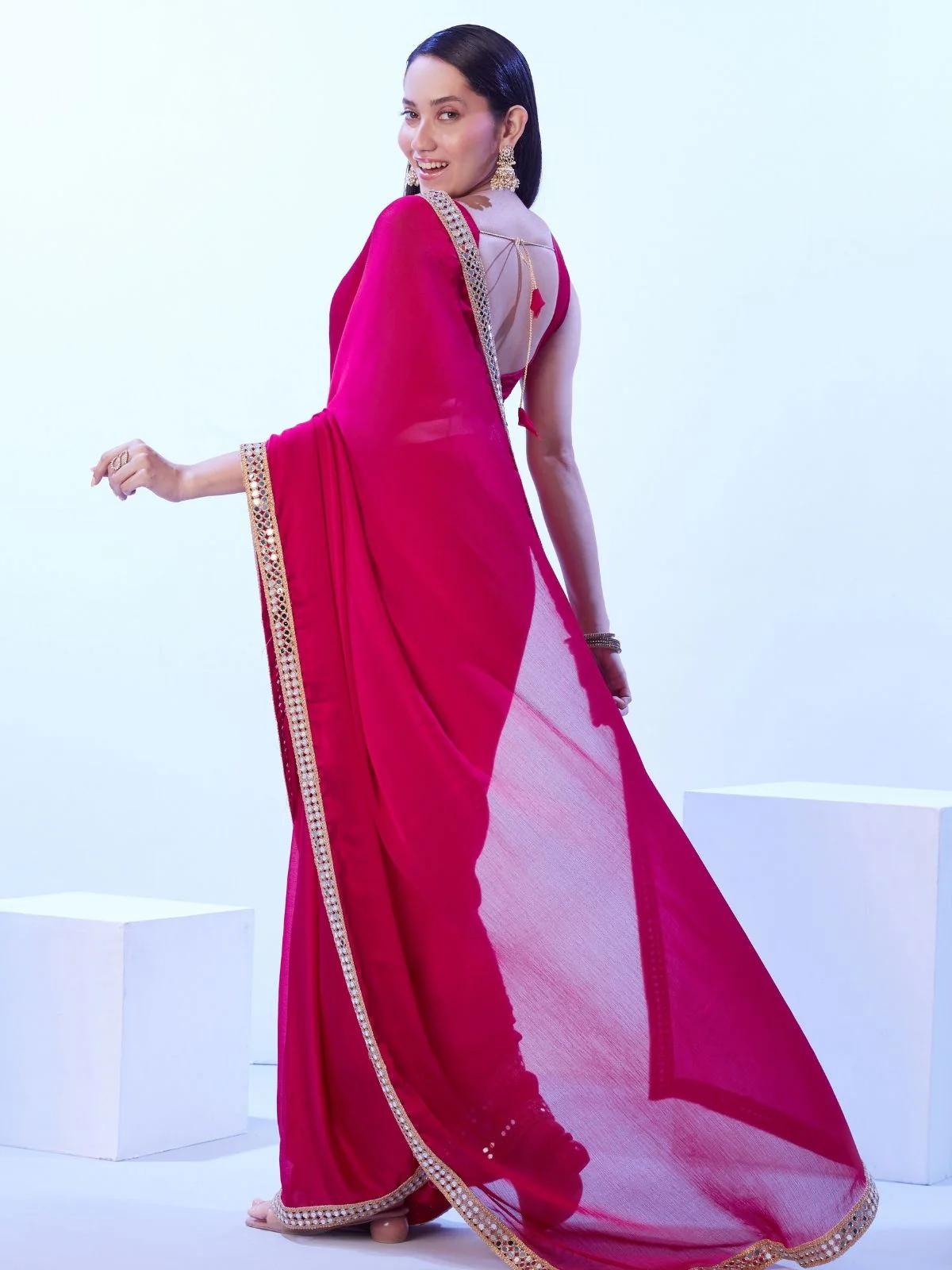 Odette Pink Satin Lace Work Saree With Unstitched Blouse For Women - Image 5