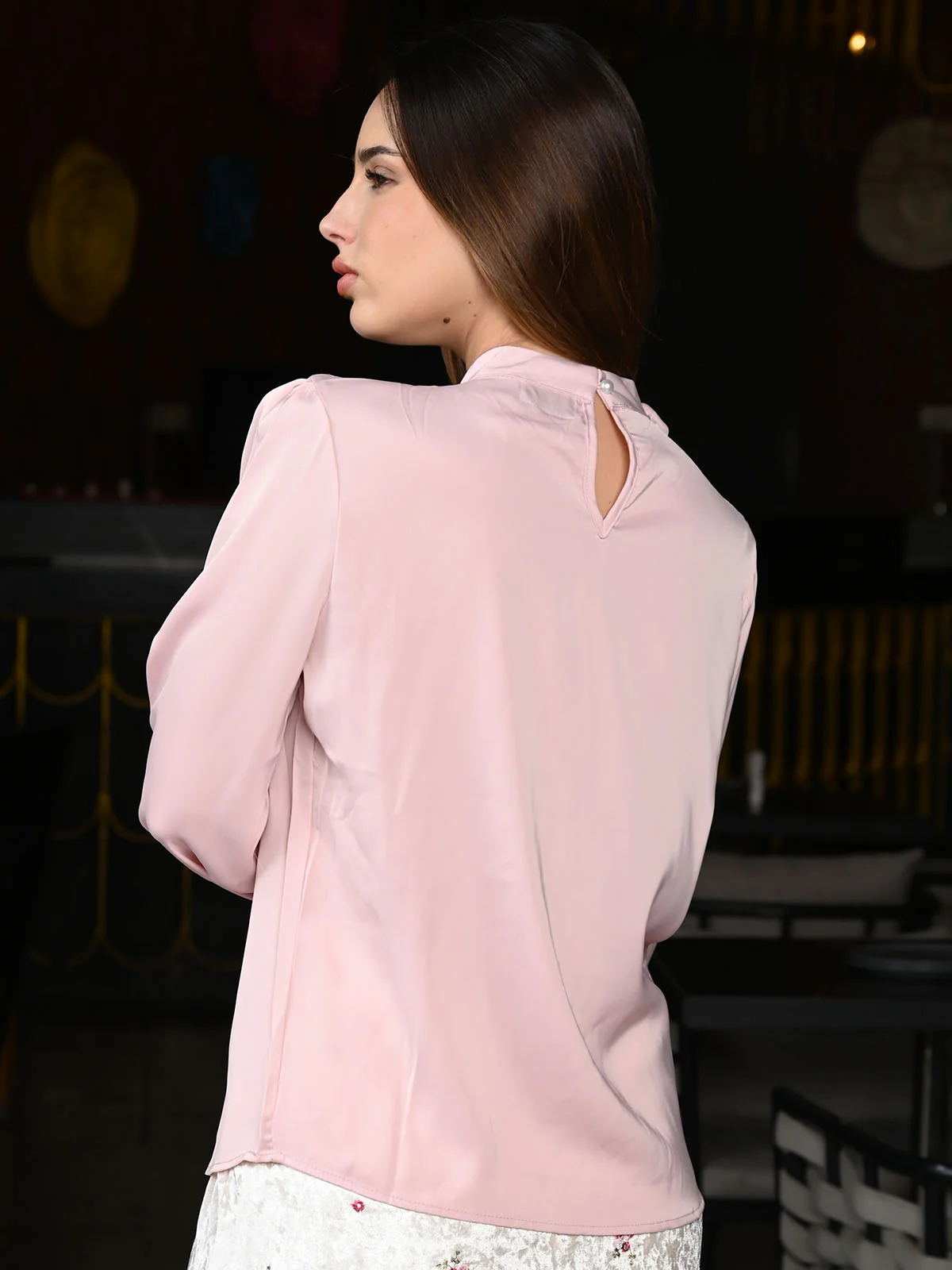 Odette Pink Satin Patterned Full Sleeves Top For Women - Image 5