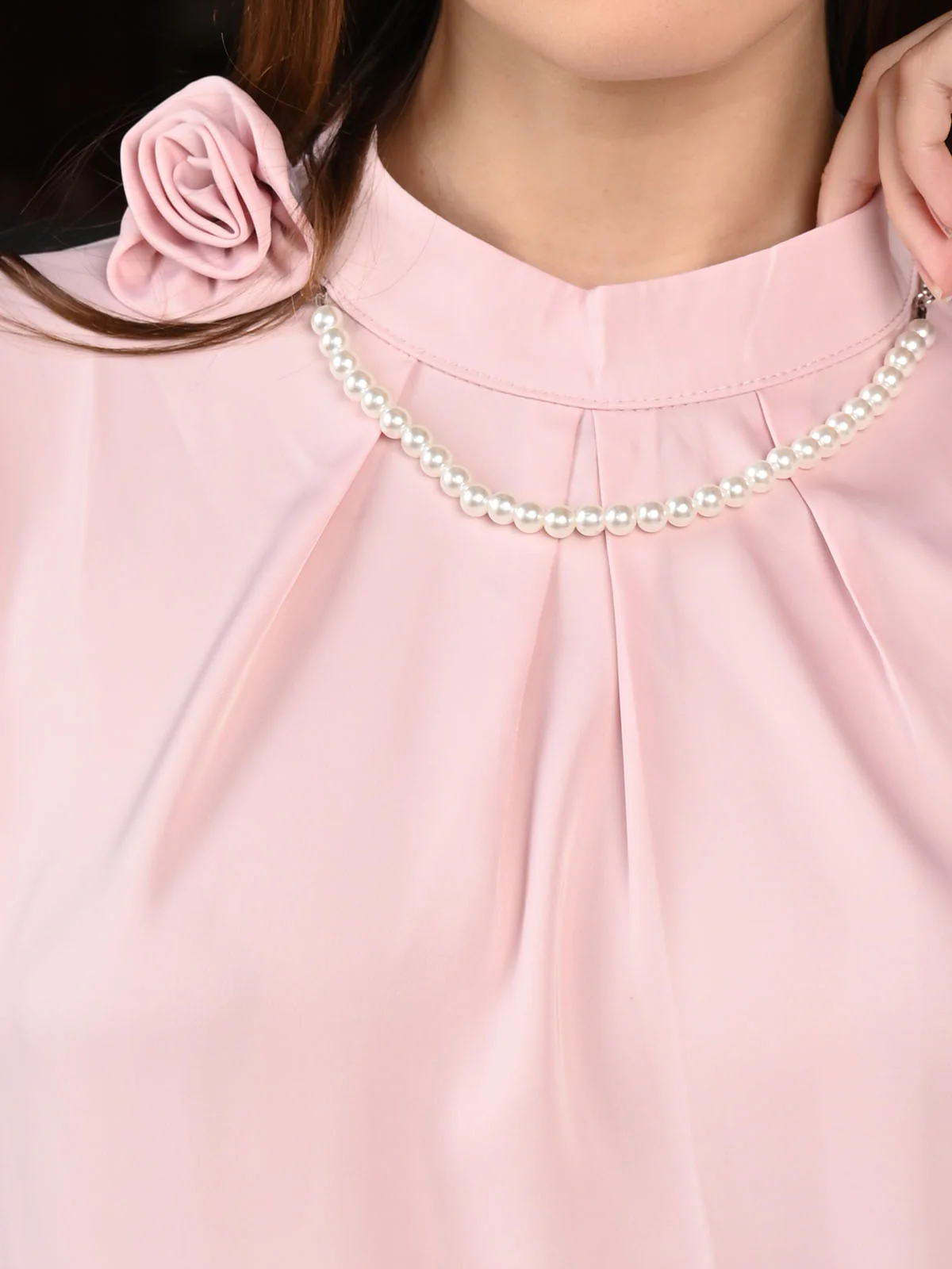 Odette Pink Satin Patterned Full Sleeves Top For Women - Image 6