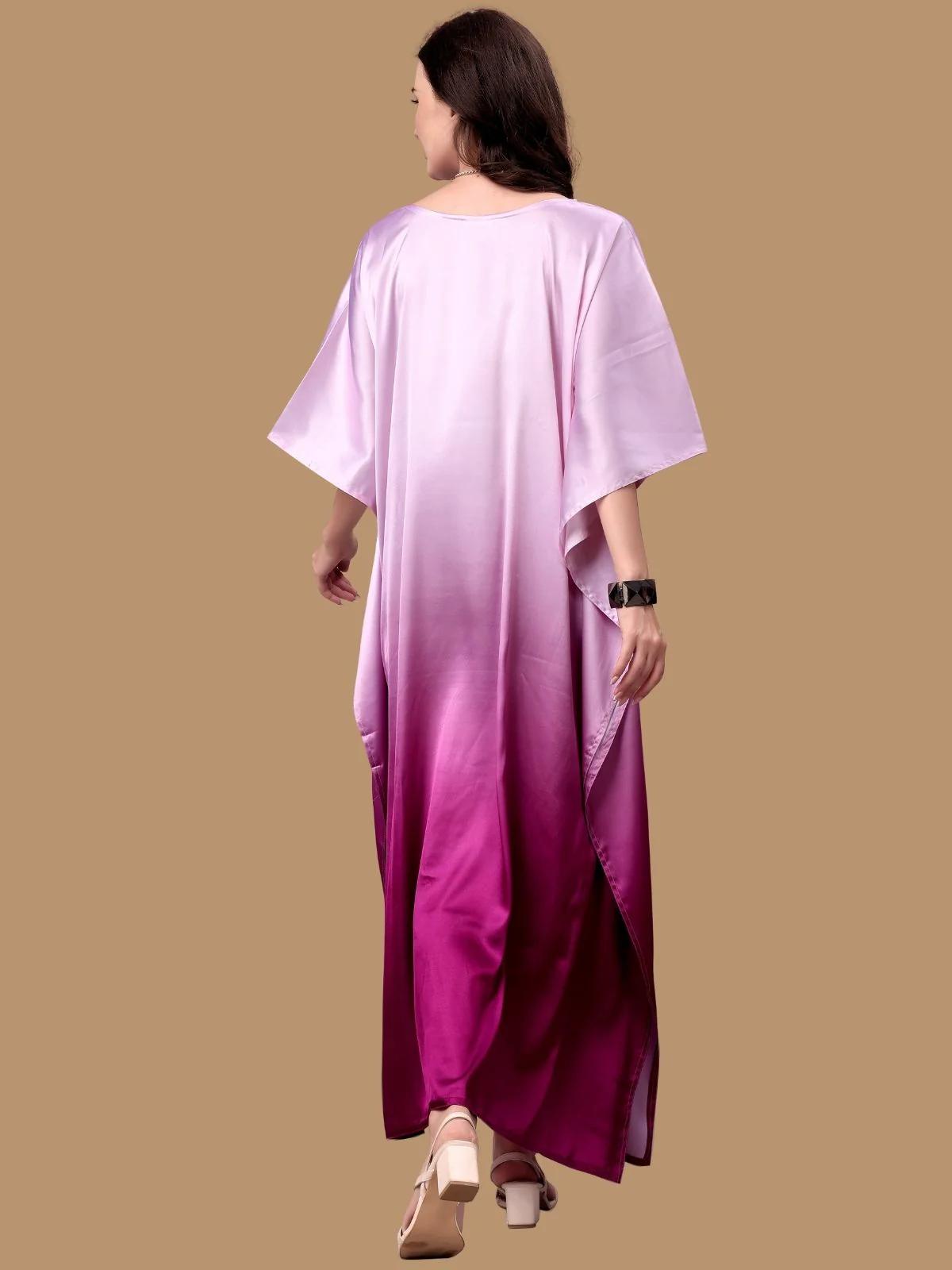Odette Pink Satin Printed Kaftan For Women - Image 3