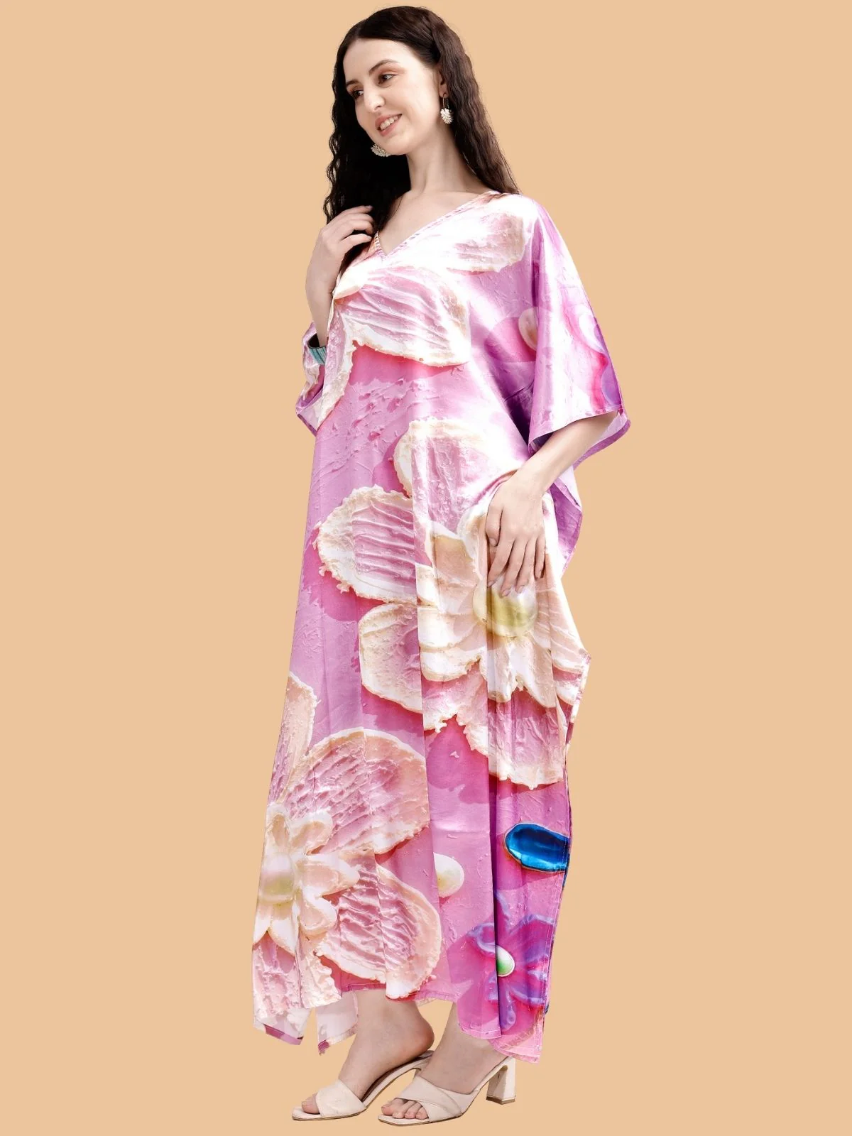Odette Pink Satin Printed Kaftan For Women - Image 2