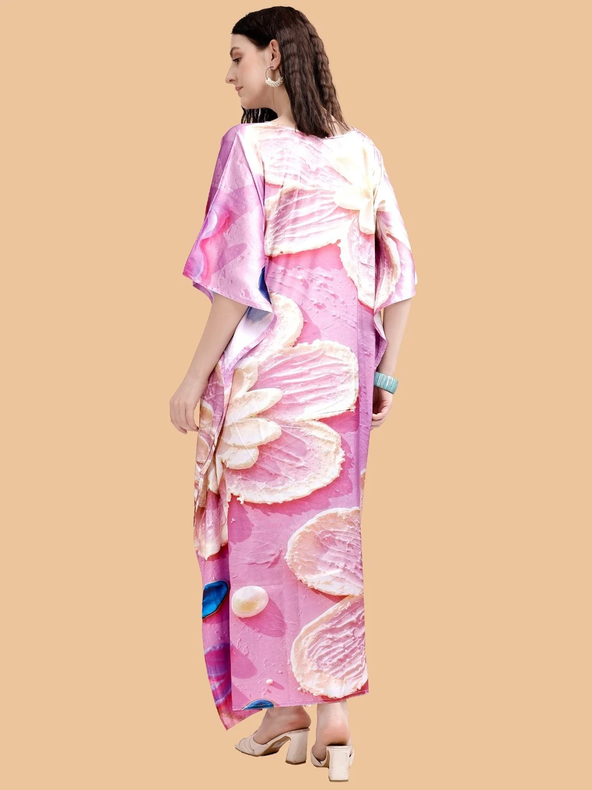 Odette Pink Satin Printed Kaftan For Women - Image 3