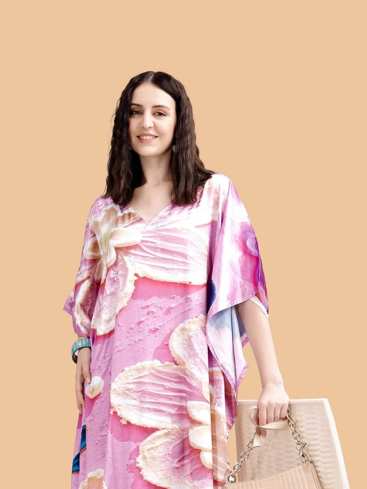 Odette Pink Satin Printed Kaftan For Women - Image 4
