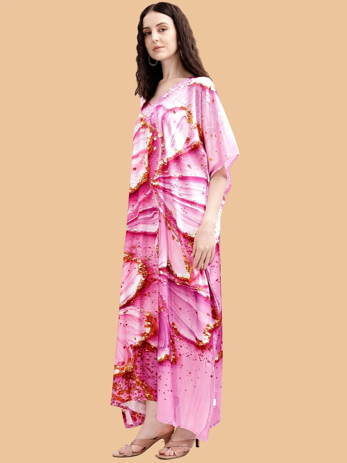 Odette Pink Satin Printed Kaftan For Women - Image 2