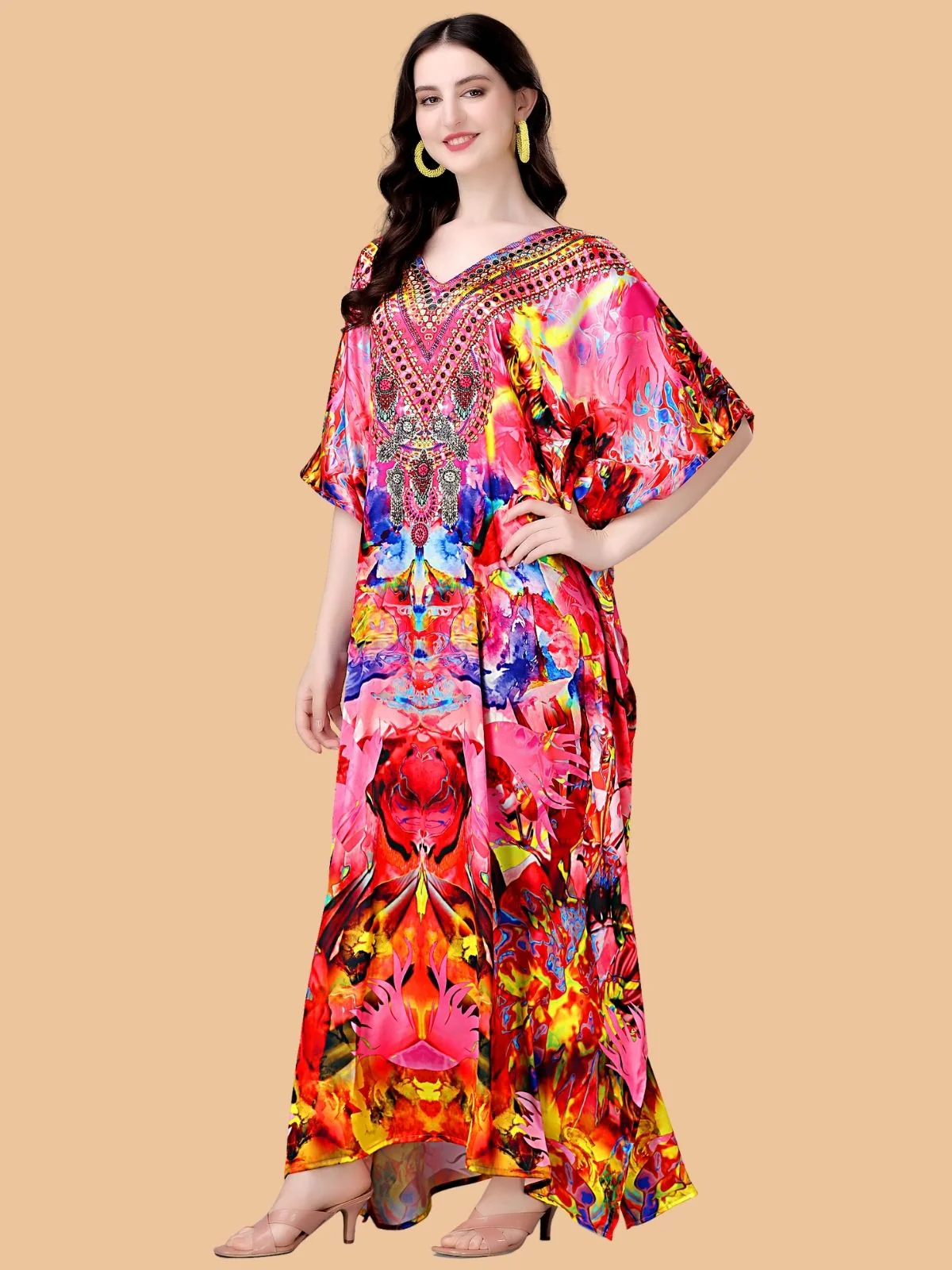 Odette Pink Satin Printed Kaftan For Women - Image 2