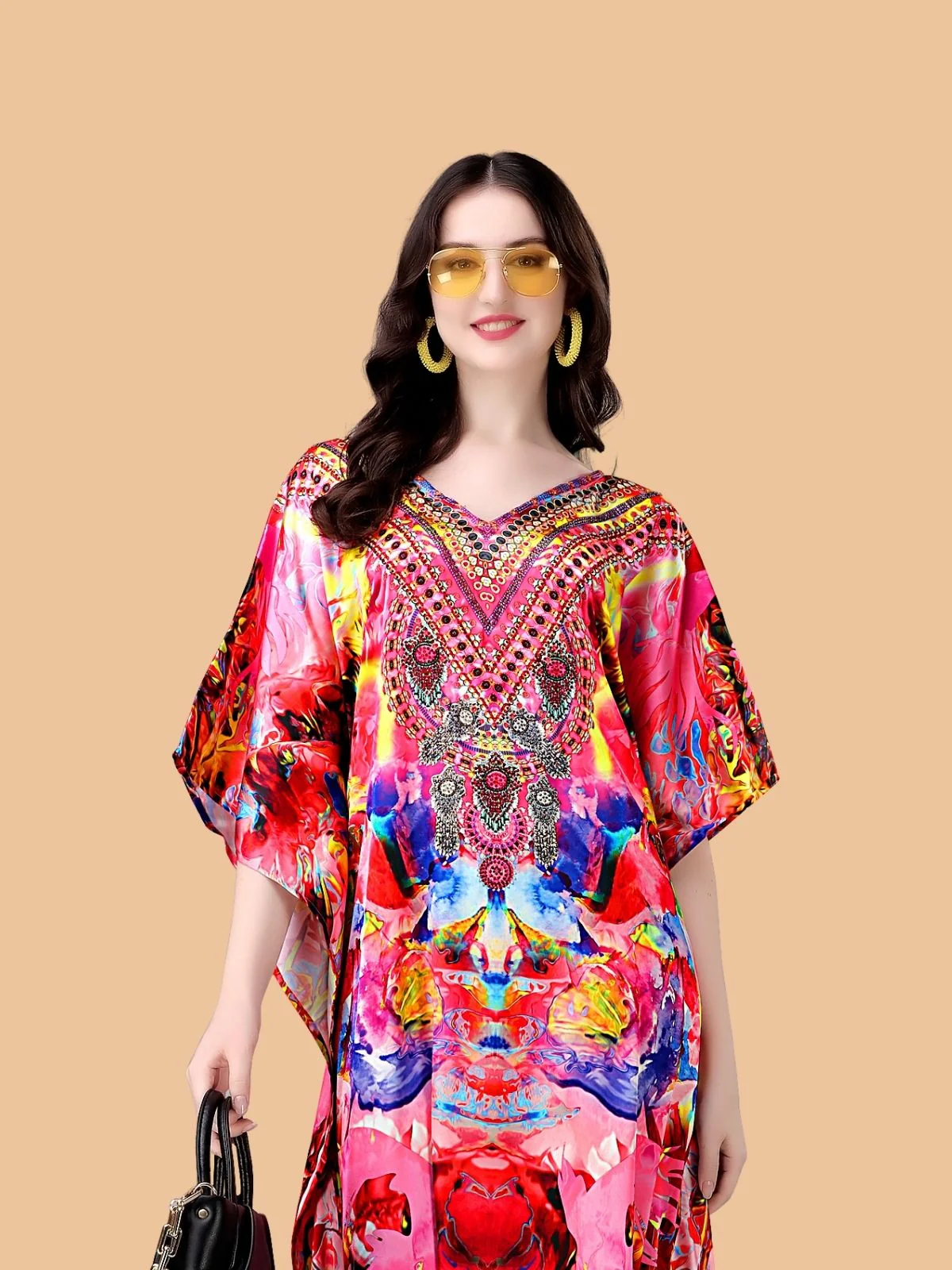 Odette Pink Satin Printed Kaftan For Women - Image 4