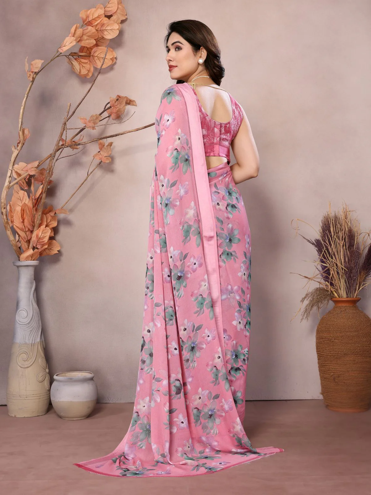 Odette Pink Satin Printed Saree With Unstitched Blouse For Women - Image 3