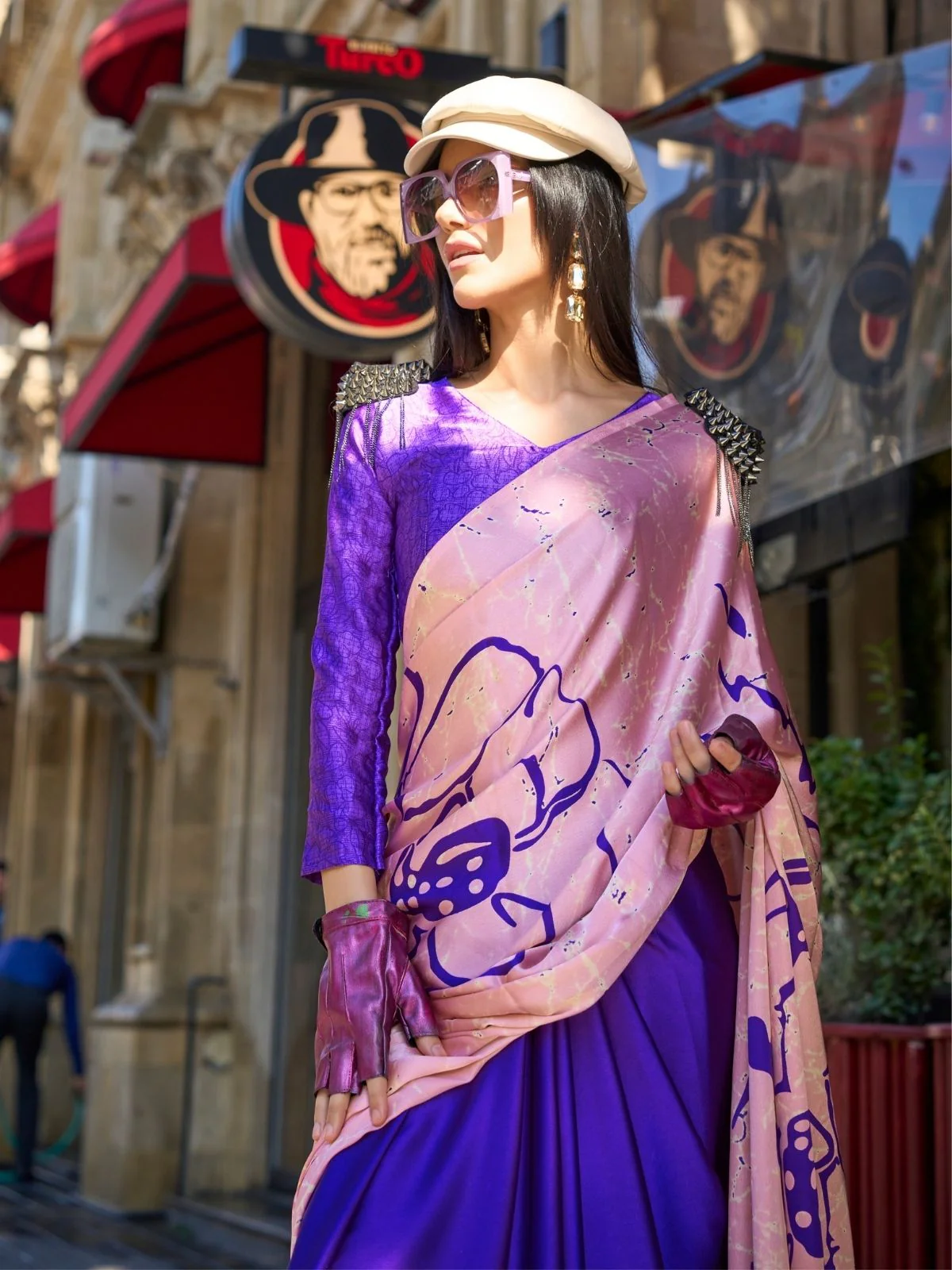 Odette Pink Satin Printed Saree With Unstitched Blouse For Women - Image 2