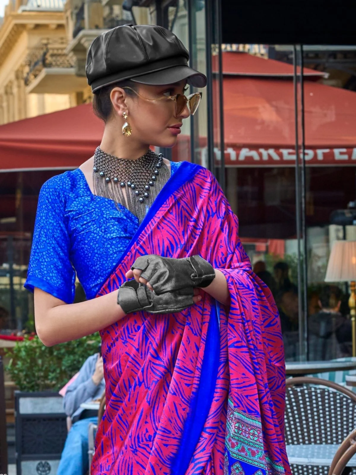 Odette Pink Satin Printed Saree With Unstitched Blouse For Women - Image 2