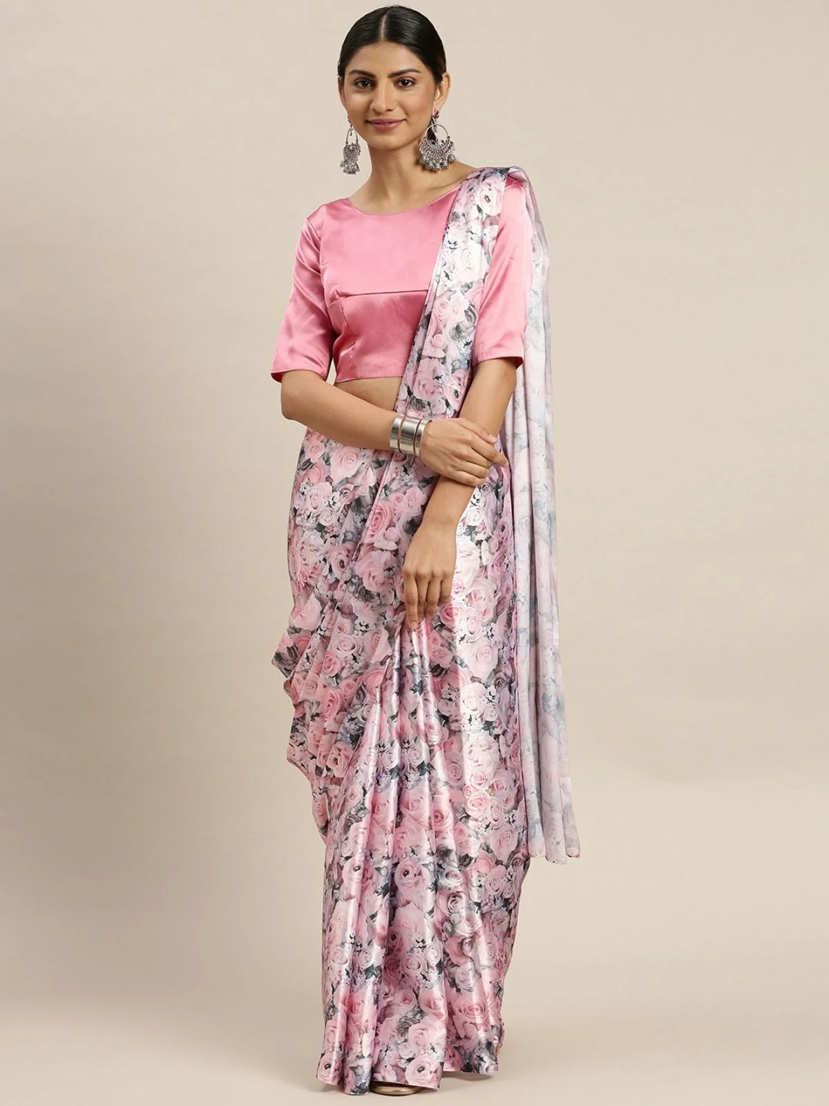 Odette Pink Satin Printed Saree With Unstitched Blouse For Women - Image 2