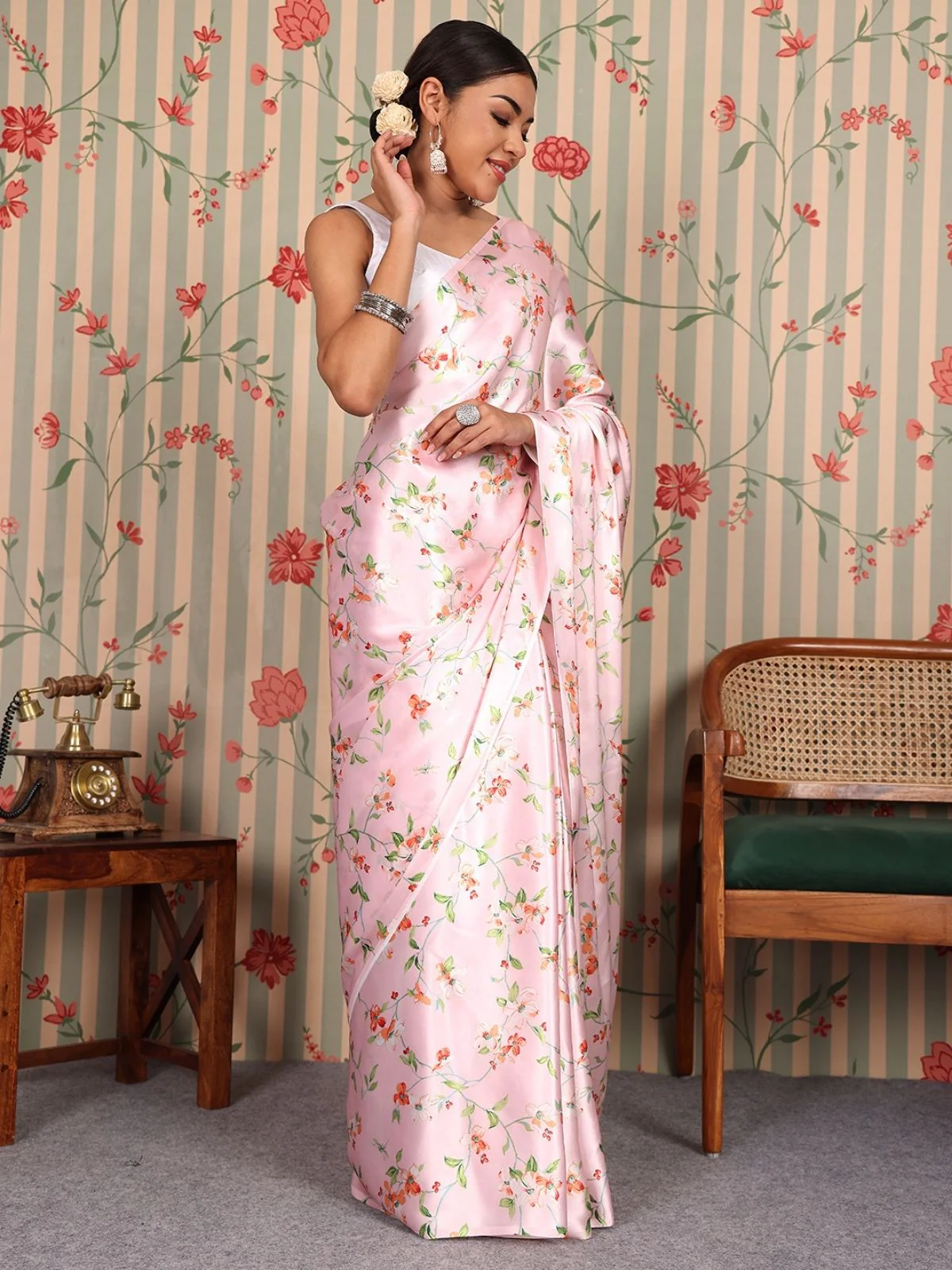 Odette Pink Satin Printed Saree With Unstitched Blouse For Women - Image 2