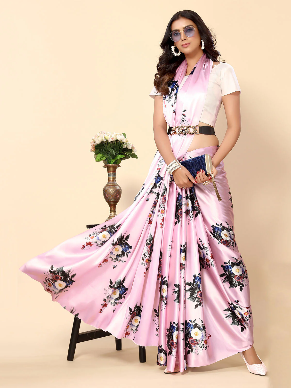 Odette Pink Satin Printed Saree With Unstitched Blouse For Women - Image 2