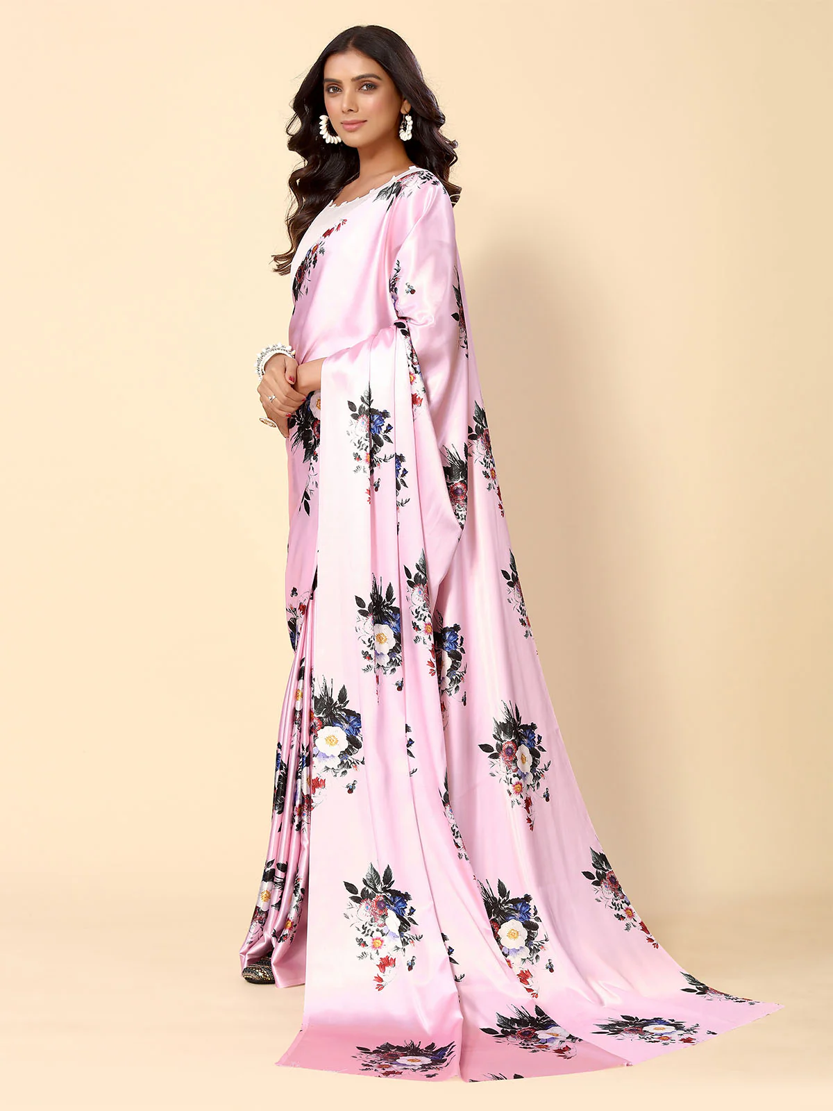 Odette Pink Satin Printed Saree With Unstitched Blouse For Women - Image 3