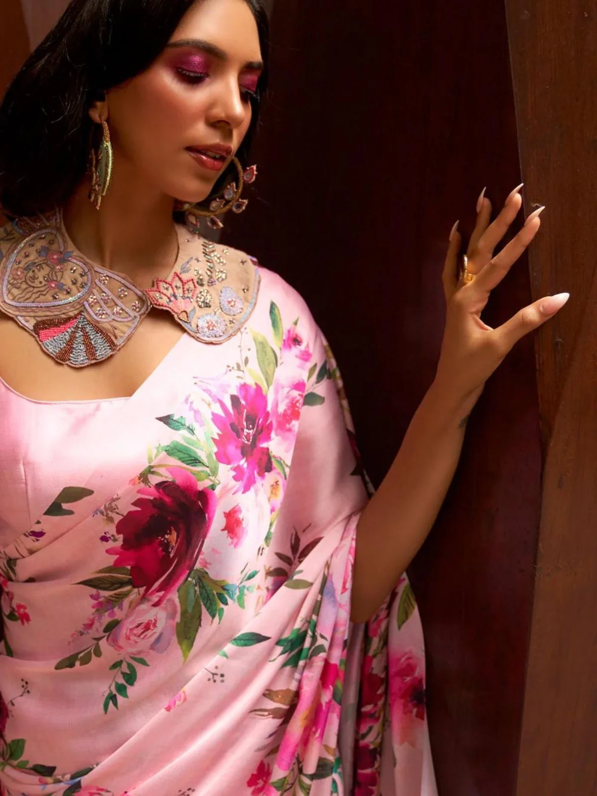 Odette Pink Satin Printed Saree With Unstitched Blouse For Women - Image 2