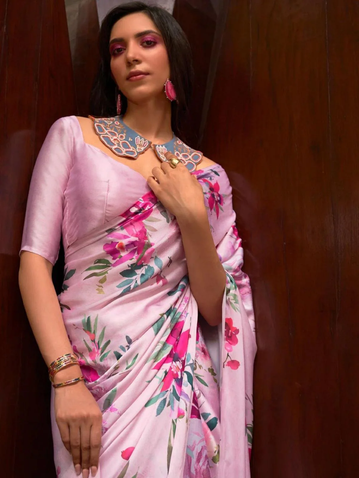 Odette Pink Satin Printed Saree With Unstitched Blouse For Women - Image 2