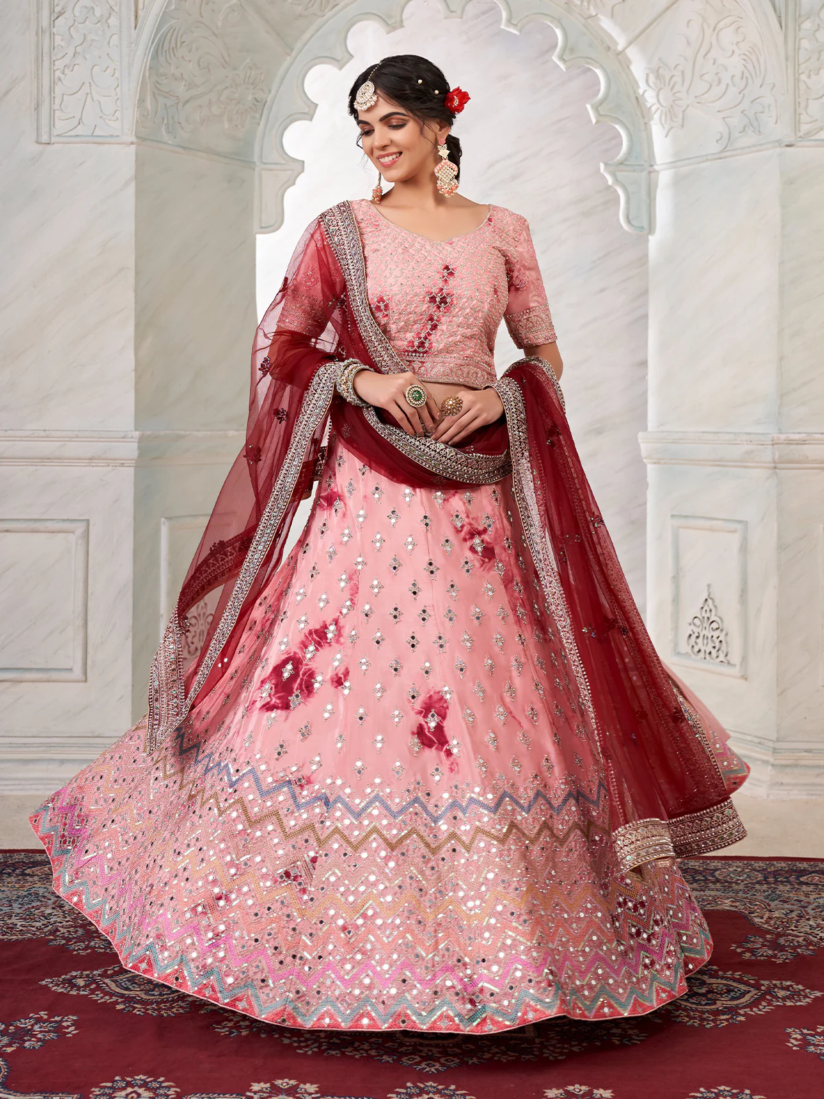 Odette Pink Shibori Crepe Embroidered Semi Stitched Lehenga With Unstitched Blouse for Women - Image 2