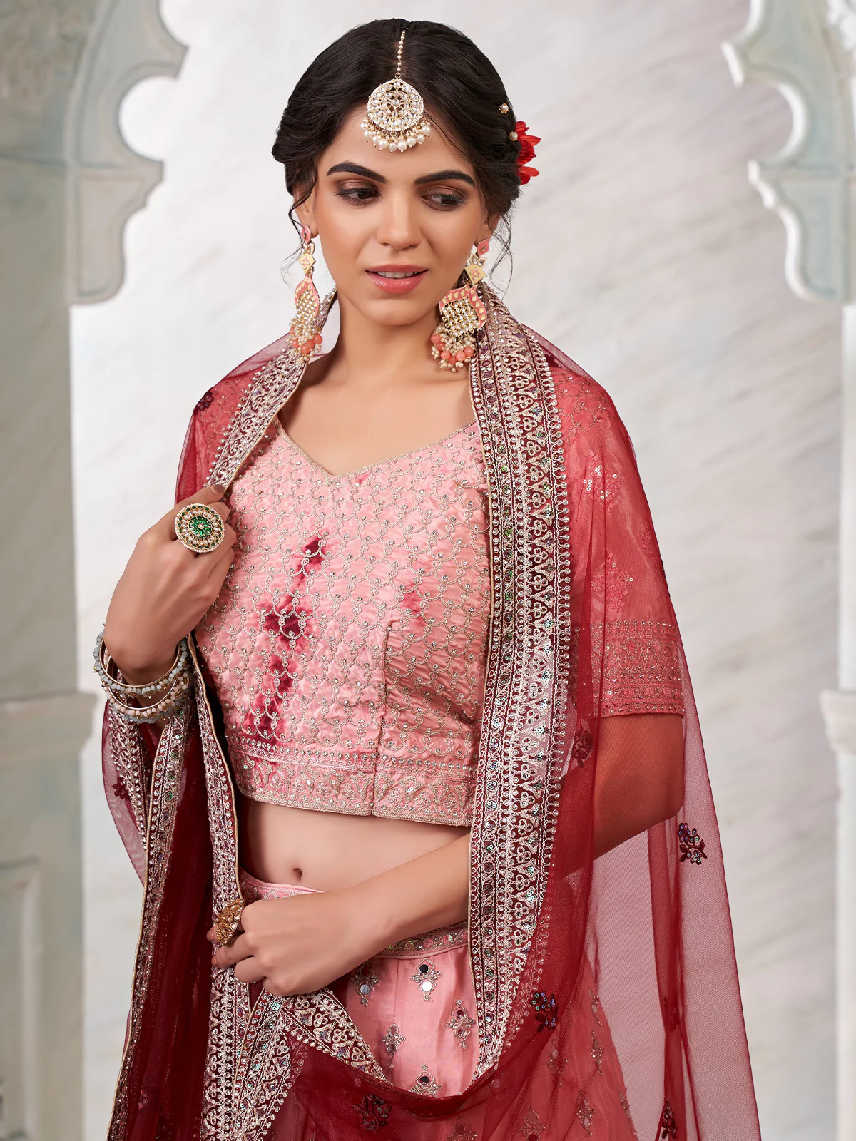 Odette Pink Shibori Crepe Embroidered Semi Stitched Lehenga With Unstitched Blouse for Women - Image 4