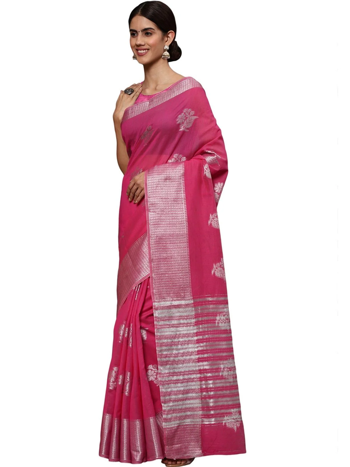 Odette Pink Silk Blend Embellished Saree For Women - Image 2