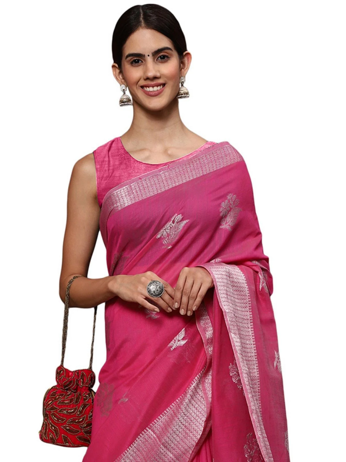Odette Pink Silk Blend Embellished Saree For Women - Image 3
