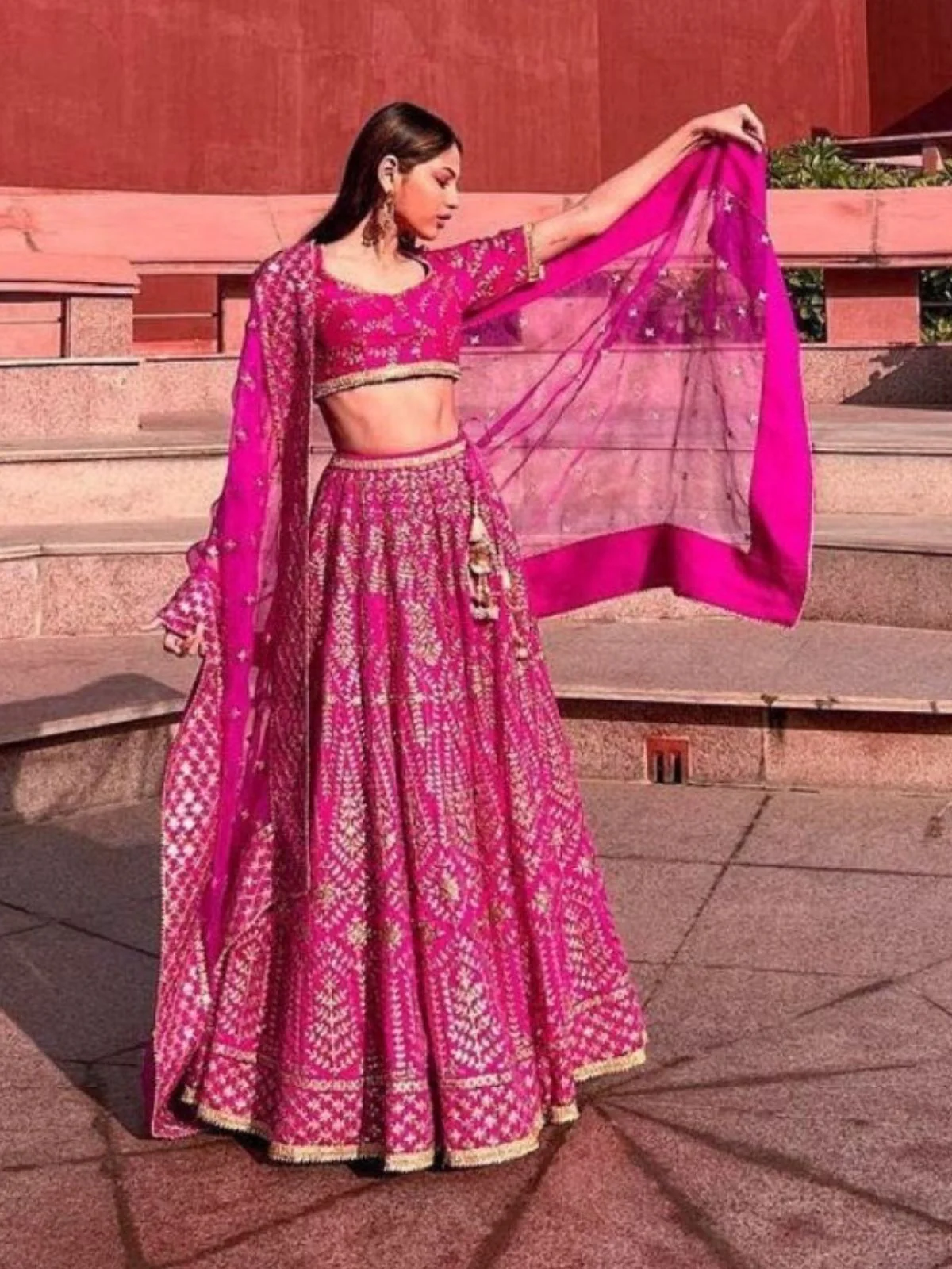 Odette Pink Silk Blend Embellished Semi-Stitched Lehenga For Women - Image 2