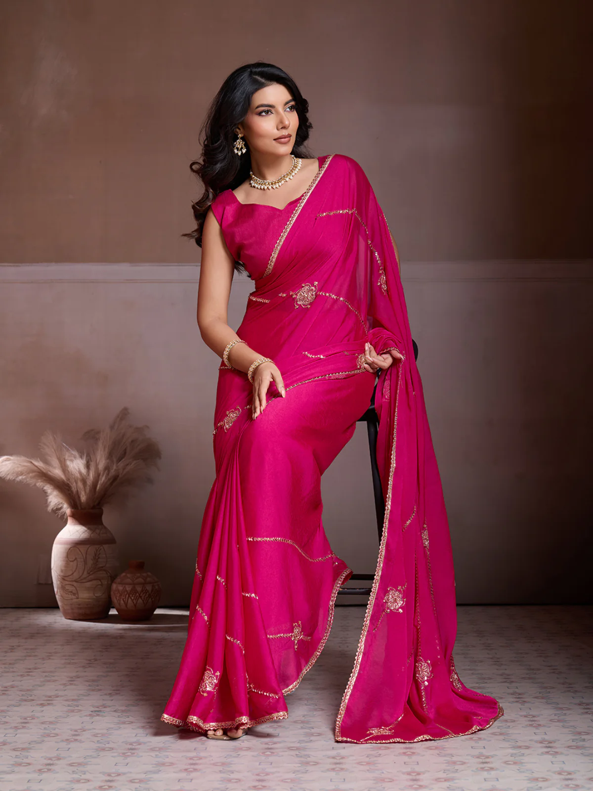Odette Pink Silk Blend Embroidered Saree For Women - Image 2