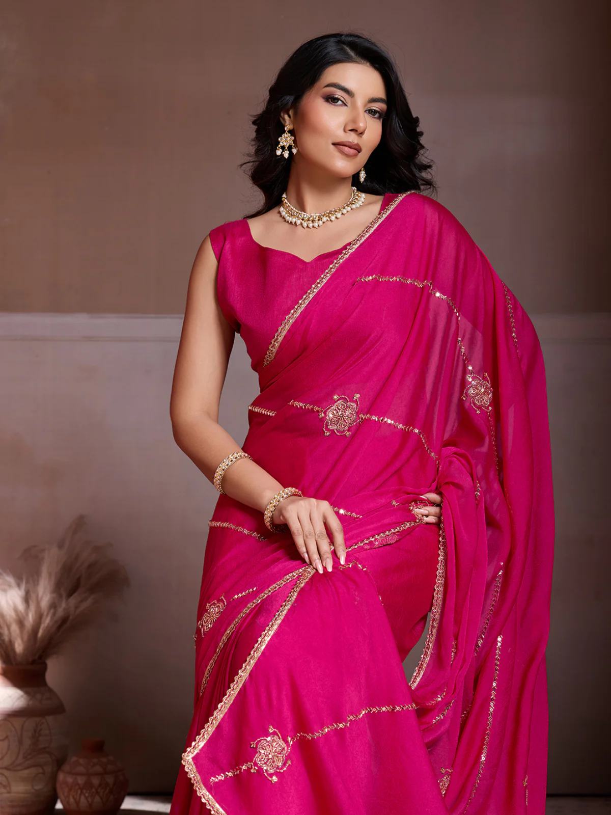 Odette Pink Silk Blend Embroidered Saree For Women - Image 4