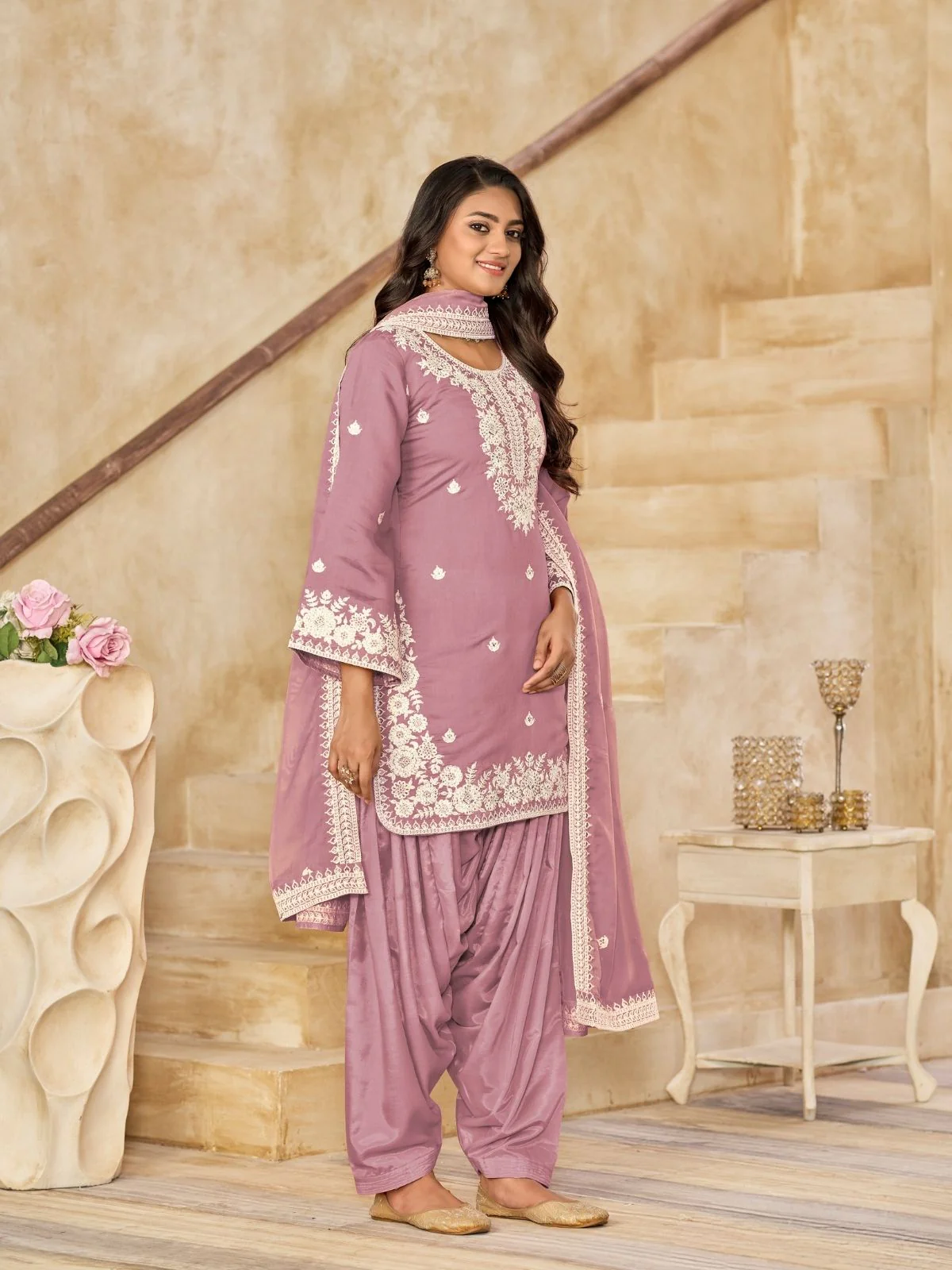 Odette Pink Silk Blend Embroidered Semi-Stiched Kurta Set For Women - Image 2