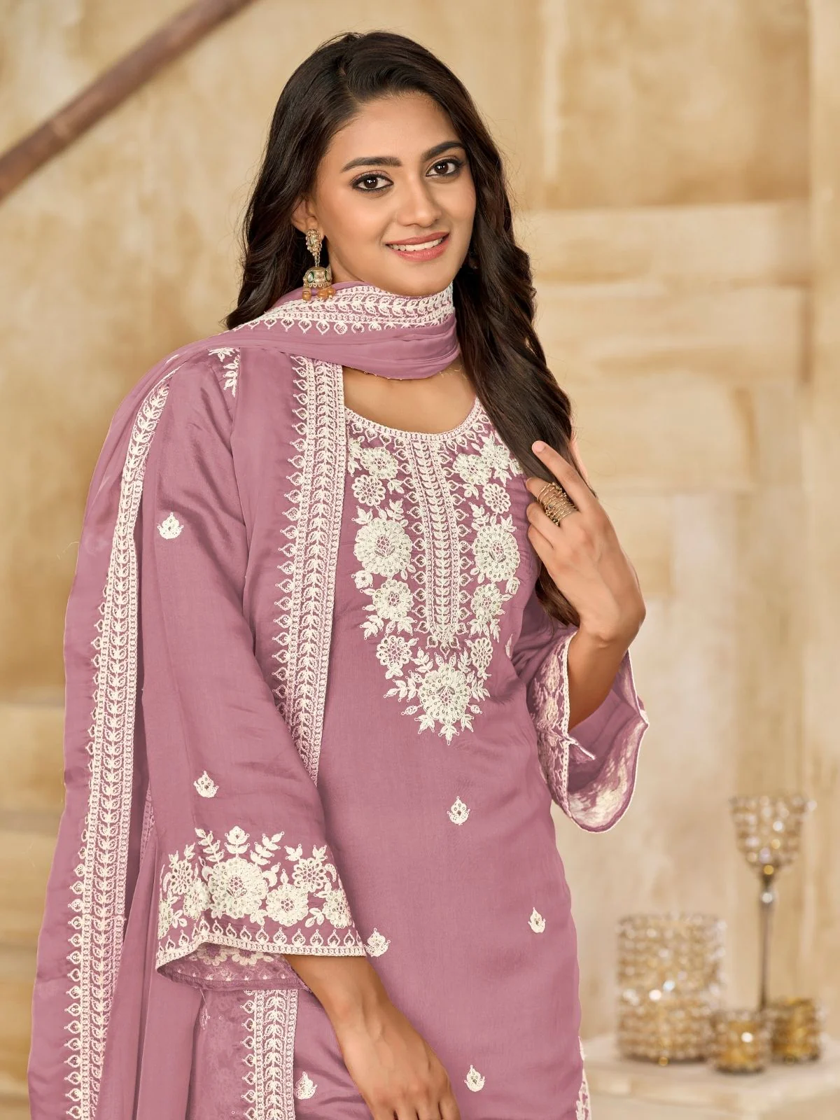 Odette Pink Silk Blend Embroidered Semi-Stiched Kurta Set For Women - Image 3