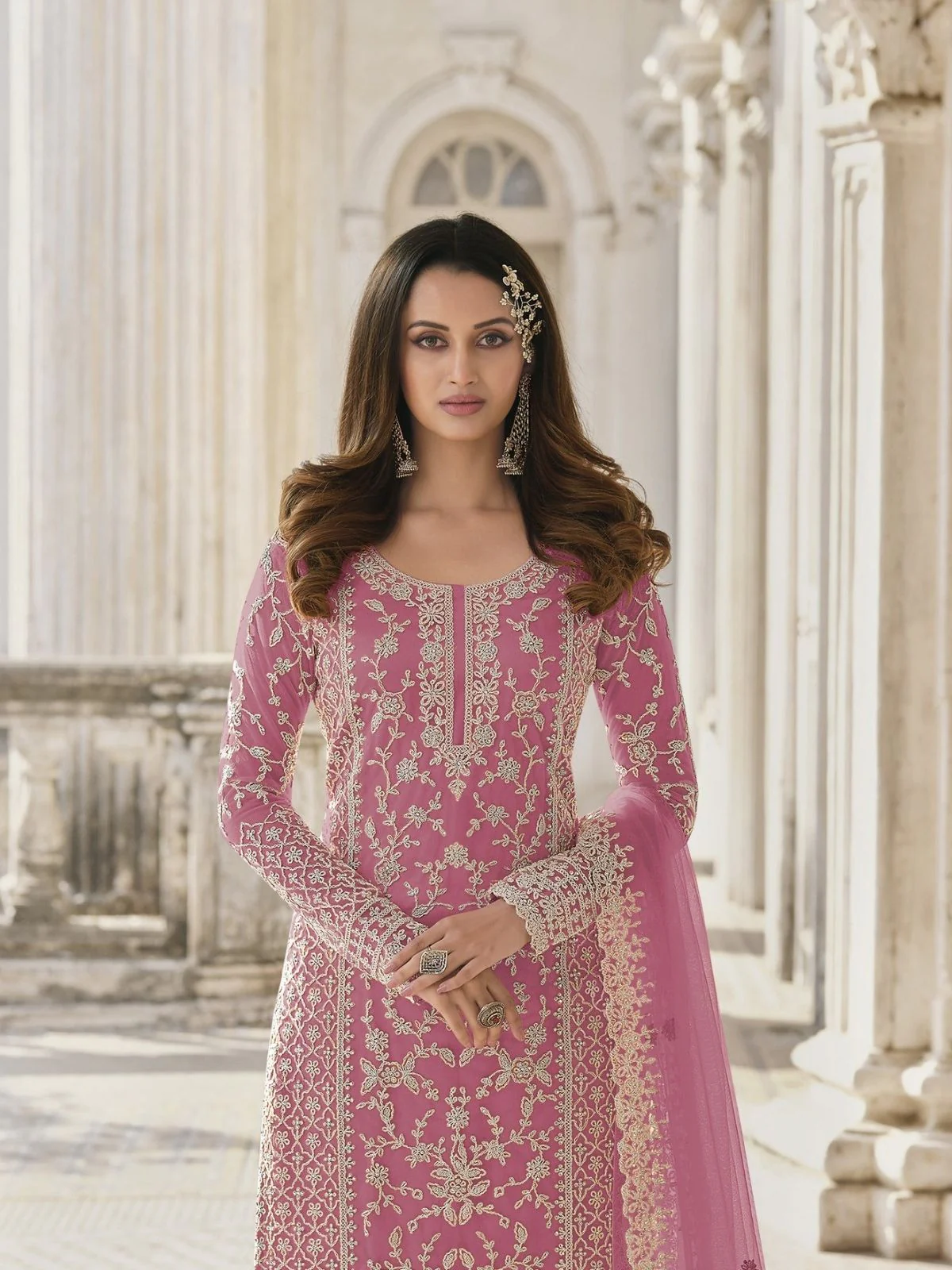 Odette Pink Silk Blend Embroidered Semi Stitched Kurta Set For Women - Image 2