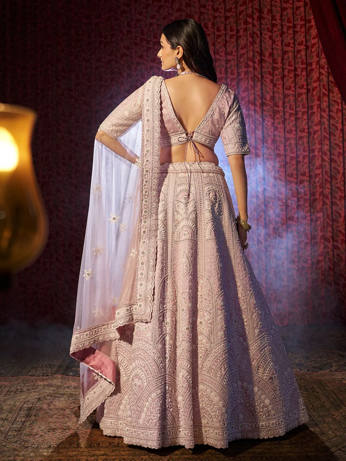Odette Pink Silk Blend Embroidered Semi-Stitched Lehenga For Women - Image 4